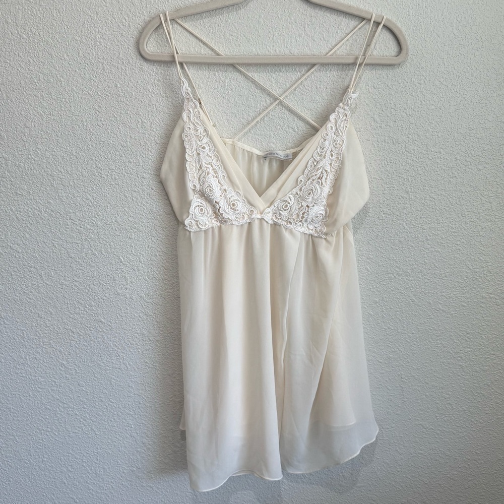 Flora Nikrooz Ivory Lace Chiffon Babydoll Camisole Cross Back Strappy Top Large‎